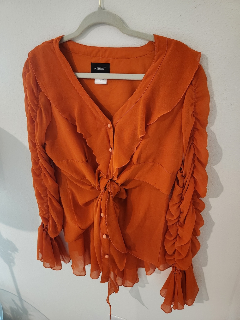 ASHRO Orange Tie-Front Ruffle Blouse